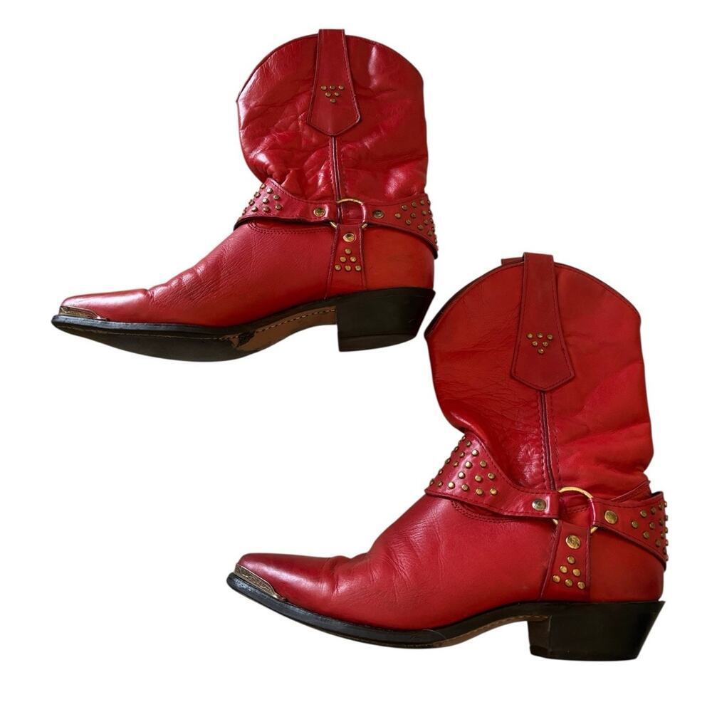 Wrangler Red Leather Studded Cowboy Hippie Boho Western Biker Boots 7.5M 80s 90s - Picture 3 of 12